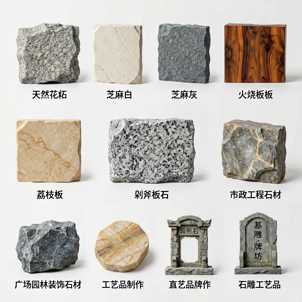 天然花岗石、芝麻白、芝麻灰、火烧板、磨光板、荔枝